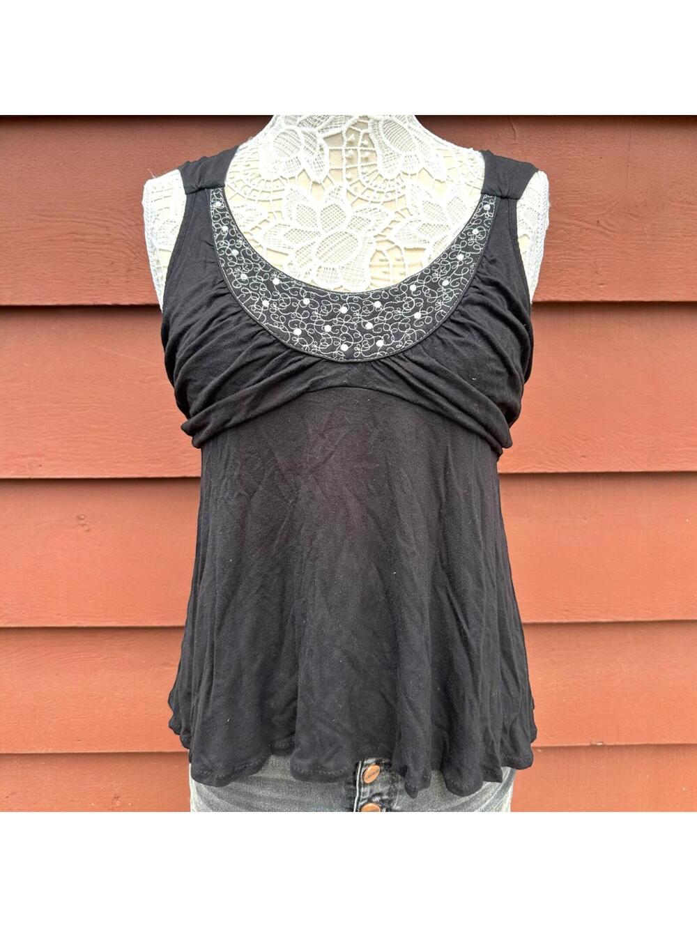 Y2K Daisy Fuentes Goth Glam Embellished Babydoll Top